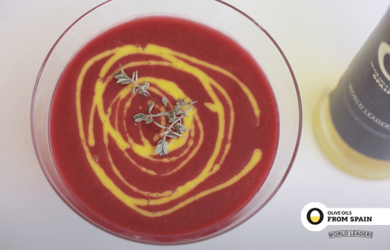 Beet Gazpacho (cold soup) with mango vinaigrette