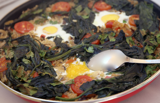 Rice with vegetables, wild mushrooms, eggs and Olive Oil from Spain