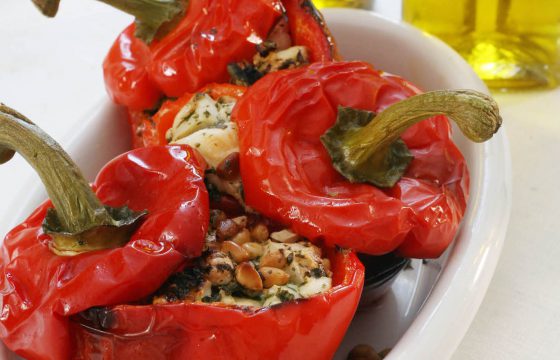 Roasted peppers with goat’s cheese and pine nuts